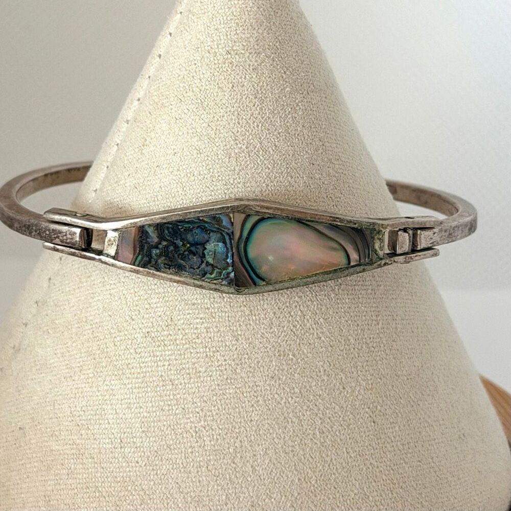 Vintage Mexico Alpaca Silver Abalone Shell Inlay Hinged Bangle Bracelet